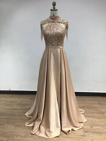 Мужская одежда: Вечернее платье, Коктейльное, Длинная модель, Атлас, Без рукавов, Камни, С пайетками, M — 1