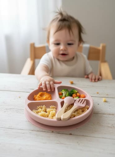 детская силиконовая посуда: Силиконовая тарелка, ложка и вилка. Новый, запечатанный — 1