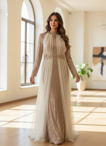 шифоновые платья для полных: Вечернее длинное платье в пол цвета шампань/розовое золото. Размер 42 — 1