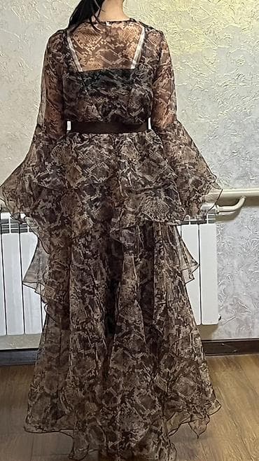 dolce and gabbana: Шифоновое платье макси с принтом в коричнево‑бежевой гамме - — 3