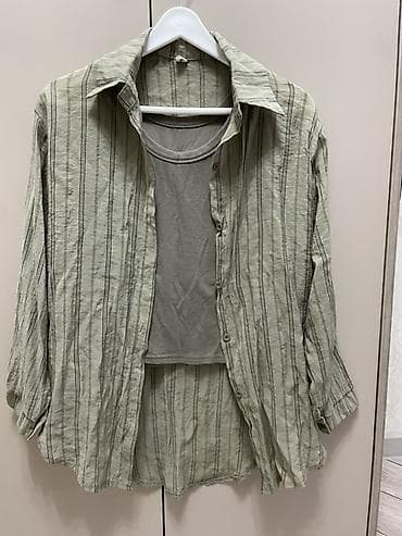 рубашка лён: Легкий комплект из двух предметов: свободная рубашка и топ - Состав — 1