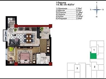 nova grand: 1 комната, 46 м², Элитка, 3 этаж, Готовая ПСО (под самоотделку) — 3