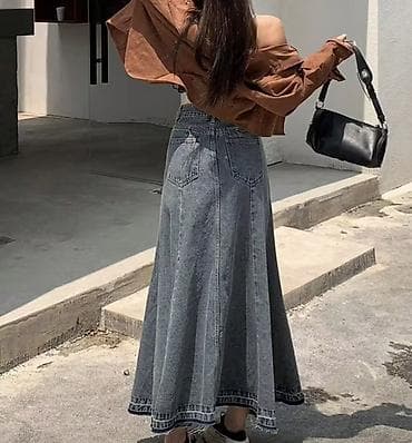 джинсовая юбка: Юбка, Модель юбки: Трапеция, Миди, Джинс, Высокая талия — 3