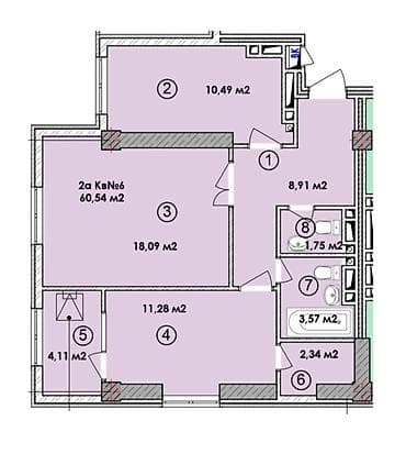 Квартиры: 2 комнаты, 60 м², Элитка, 12 этаж, Готовая ПСО (под самоотделку) — 9