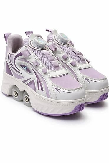 ролик обувь: Кроссовки-ролики 2-в-1, лиловые/белые - Трансформируются из обычных — 2