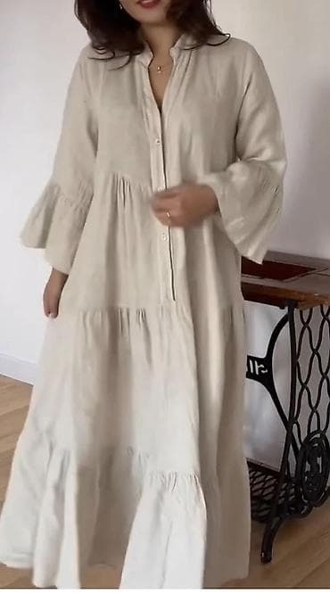 Повседневное платье, Лето, Длинная модель, Лен, Бохо, L, XL