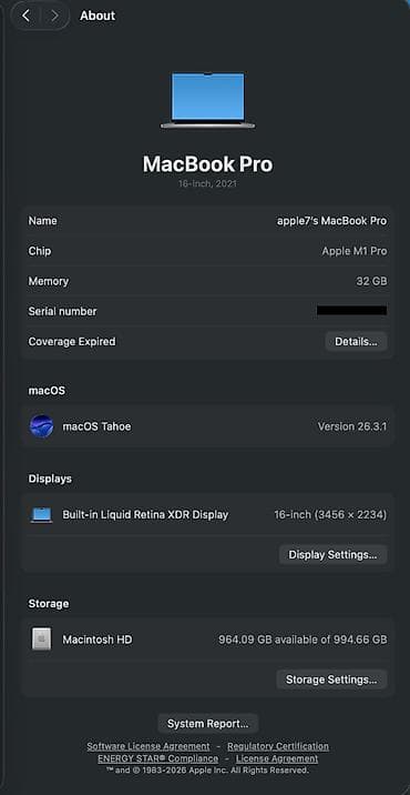 16 pro mac: MacBook Pro 16" (2021) — M1 Pro, 32 ГБ RAM, 1 ТБ SSD Характеристики — 2