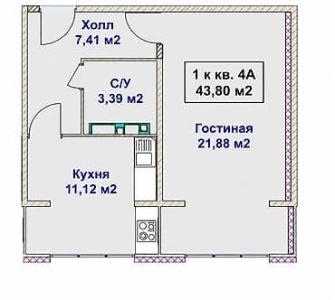 1 комната, 44 м², Ынтымак ж/м 106 серия улучшенная, 9 этаж, ПСО (под самоотделку) — 2