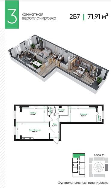 квартиры в бишкеке в рассрочку на 10 лет: 3 комнаты, 71 м², Элитка, 10 этаж — 1