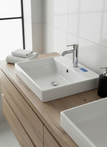 раковина с пьедесталом: Раковина для ванной, Квадратная форма, Материал: Керамика — 1