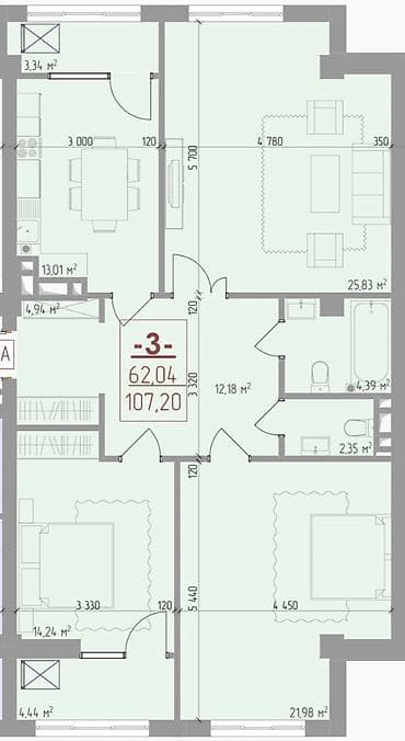 3 комнаты, 107 м², Элитка, 3 этаж