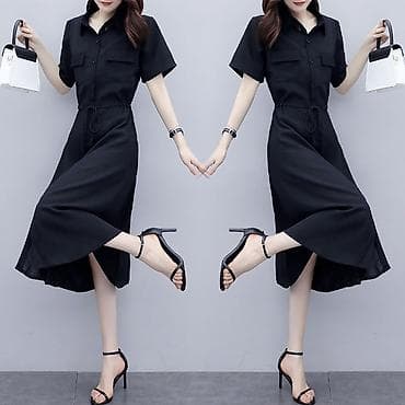 черное платье футляр: Платье-рубашка миди, черное - Свободный силуэт с кулиской на талии — 1