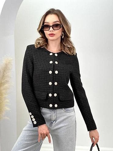 классическая куртка: Твидовый укороченный жакет без воротника - Материал: плотный твид с — 2