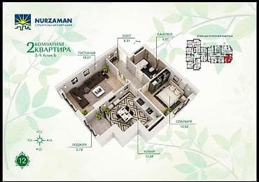 з ком квартира: 2 комнаты, 52 м², Элитка, 12 этаж, Готовая ПСО (под самоотделку) — 2