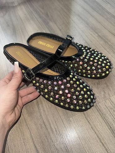 бут кийим бу: Балетки/мэри-джейн Miu Miu с ремешком - Цвет: черный с глянцевой — 1