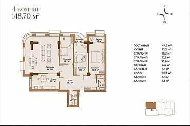 Недвижимость: 2 комнаты, 149 м², Мед Академия Элитка, 13 этаж, ПСО (под самоотделку) — 2