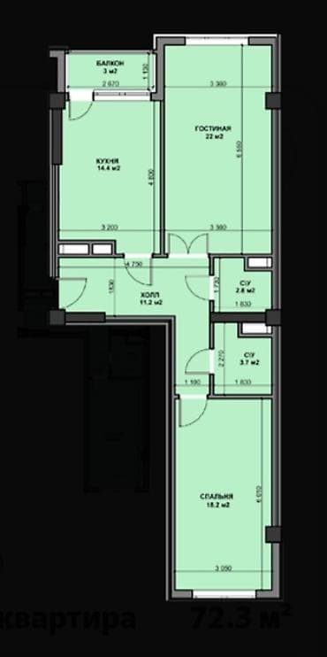 Квартиры: 2 комнаты, 72 м², 11 этаж, Готовая ПСО (под самоотделку) — 3