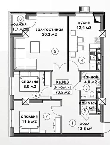 act: 2 комнаты, 73 м², Элитка, Джал мкр (в т.ч. Верхний, Нижний, Средний) Элитка, 6 этаж, Дизайнерский ремонт — 2