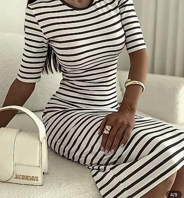 полосатая туника: Повседневное платье, Лето, Длинная модель, Трикотаж, Прямое, M — 1