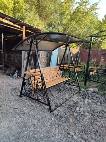 скамейка фото: Садовые качели Металл, Со спинкой, С крышей — 2