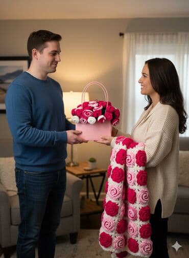 что подарить девушке: Букет вязаных цветов, имитирующих розы, в розовой подарочной коробке — 1