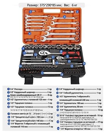 германский набор ключ: 1 шт - 1/4" Рессора 1 шт - 1/2" Карданный шарнир 9 шт - Ключ — 3