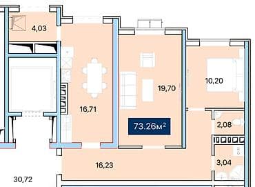 2 комнаты, 73 м², Элитка, 4 этаж, ПСО (под самоотделку) — 2