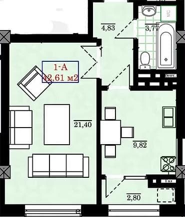 Недвижимость: 1 комната, 42 м², Джал мкр (в т.ч. Верхний, Нижний, Средний) Элитка, 10 этаж, ПСО (под самоотделку) — 1