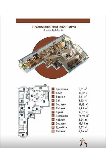 3 к: 3 комнаты, 133 м², Элитка, 13 этаж, Готовая ПСО (под самоотделку) — 1