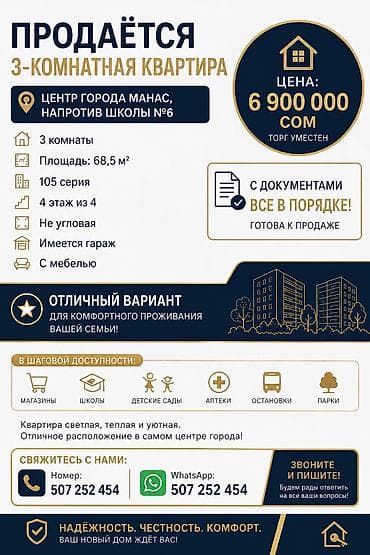 кино токмок: 3 комнаты, 69 м², 105 серия, 4 этаж — 1