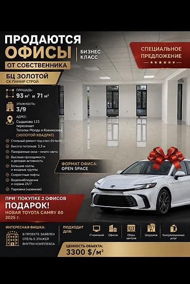 балыкчы отель: Продажа офисов 164 м², С ремонтом, Без мебели, Бизнес центр, 3 этаж — 1