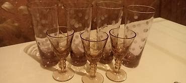 винтажные очки: Набор винтажной стеклянной посуды из розово‑дымчатого стекла с матовым — 4