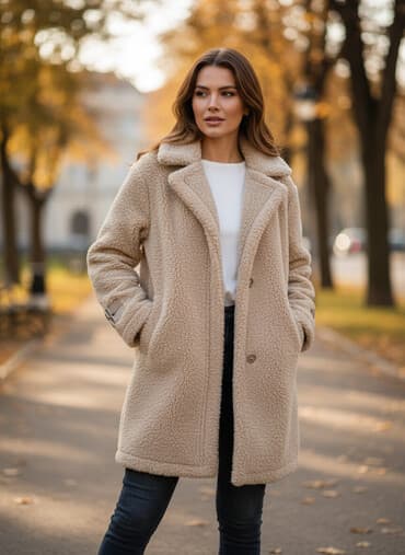 срочно продаю в связи с переездом: Тедди-пальто из мягкого искусственного меха, бежевый цвет. - Прямой — 1