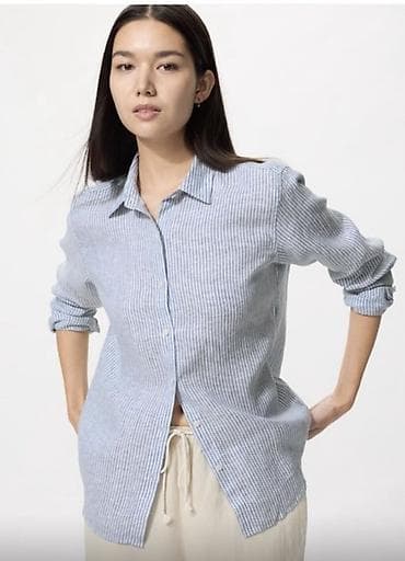 Льняная рубашка UNIQLO - Модель: женская рубашка на пуговицах с