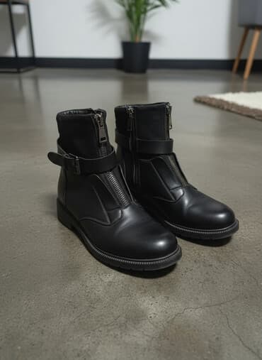 Киреге берилүүчү кийимдер: Ботинки. Деми. Черного цвета с молнией спереди и ремешком с пряжкой — 1