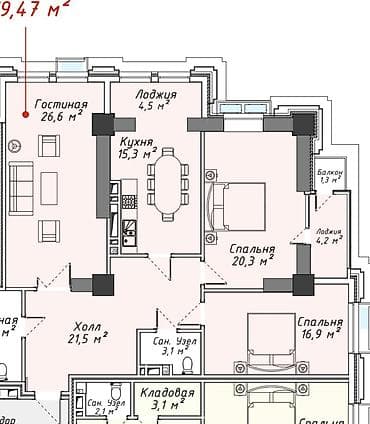 3 комнаты, 118 м², Элитка, 15 этаж, ПСО (под самоотделку) — 1