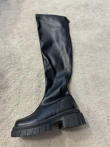 обувь мюли: Высокие женские ботфорты на тракторной подошве - Цвет: черный - — 3