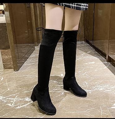 Сапоги: Женские замшевые ботфорты-носки, черные. - Высота: выше колена. - — 1