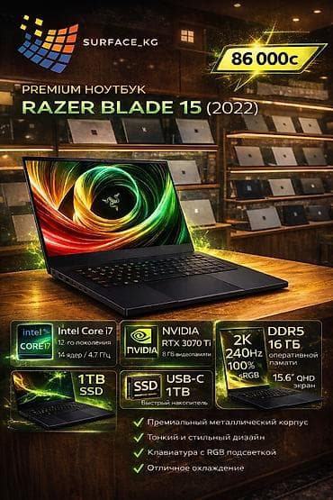 Ноутбук, Razer, 16 ГБ ОЗУ, Intel Core i7, 15.6 ", Б/у, Для работы, учебы, память NVMe SSD