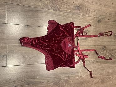 lining flex: Бордовый бархатный боди-комплект с подвязками - Материал: мягкий — 2
