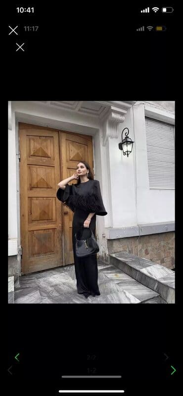 вечерний костюм: Вечернее платье, Классическое, Длинная модель, Шелк, С рукавами, Перья, M — 2