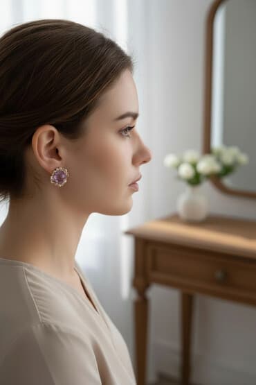 элегантное свадебное кружевное платье: Серьги, Проба 585, Аметист, Женские — 1