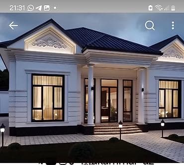 услуги экскаватора: Одноэтажный дом в классическом стиле с колоннами и панорамными окнами — 1