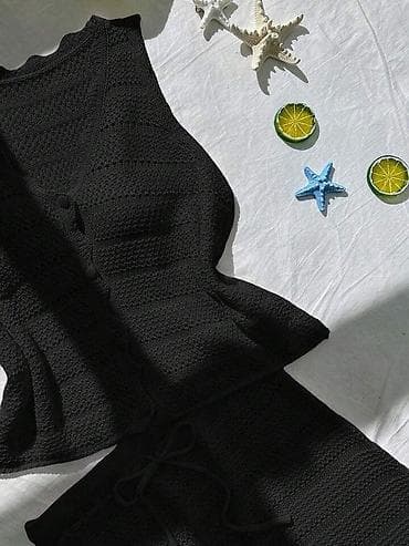 поло рубашки: Вязаный летний комплект: топ + юбка миди - Материал: мягкая ажурная — 7