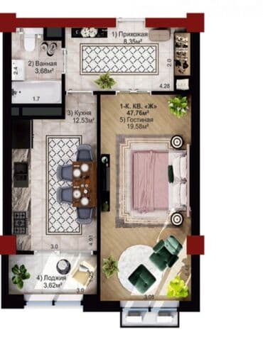 millennium: 1 комната, 48 м², Элитка, 11 этаж, ПСО (под самоотделку) — 2