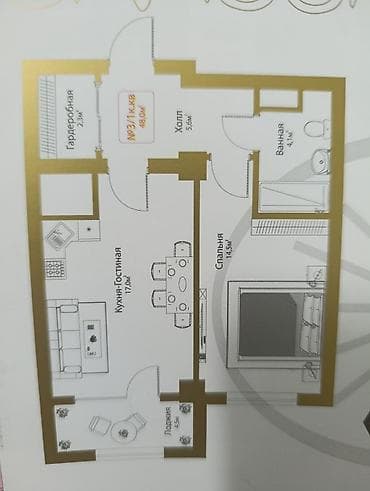 кватир: 2 комнаты, 47 м², Элитка, 4 этаж, Готовая ПСО (под самоотделку) — 1