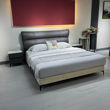 кровать хай тек: Современная двуспальная кровать с мягким изголовьем - Габариты — 1