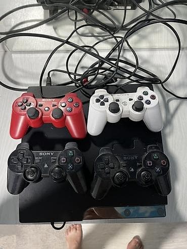 Видео оюндар жана приставкалар: PlayStation 3 (Slim) с комплектом геймпадов и кабелей. Прошитая — 1