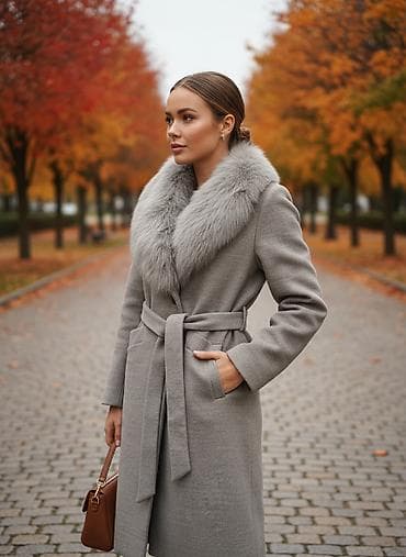 Пальто, Халат, Осень-весна, Искусственный мех, По колено, С поясом, S, XS