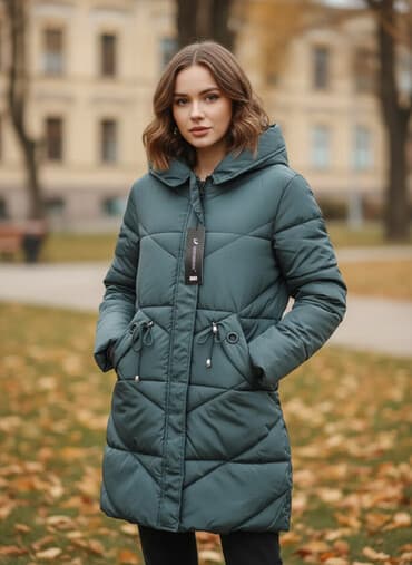купить женский пуховик большого размера: Женская зимняя куртка-пуховик, темно-зеленый/хакки. - Утеплённая — 1